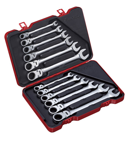 12 PC Single Joint Spherical Combination Ratcheting Wrench Set, Metric