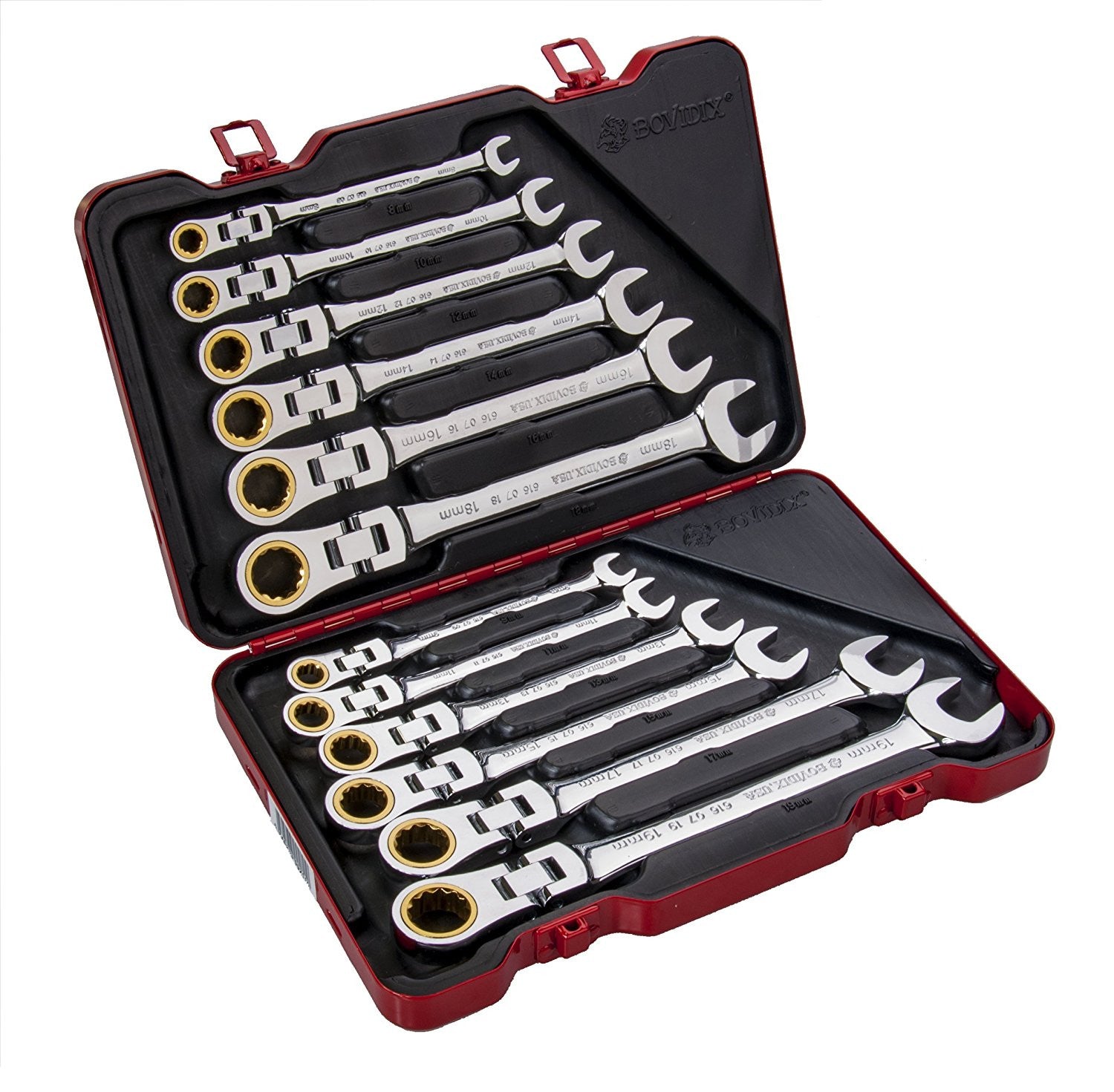 12 PC Double Joint Spherical Combination Ratcheting Wrench Set, Metric ...