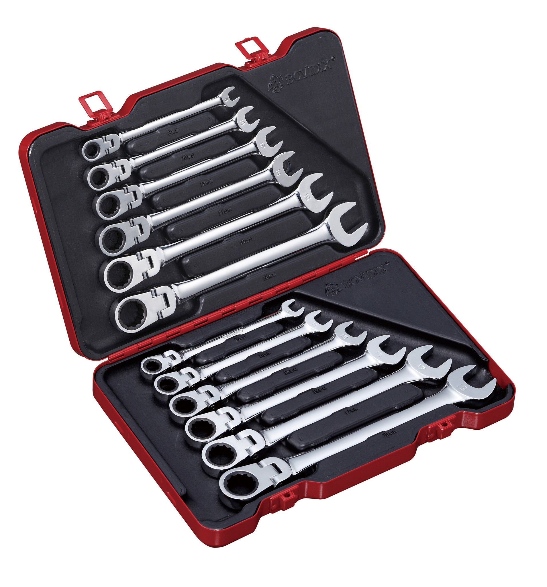 12 PC Single Joint Spherical Combination Ratcheting Wrench Set, Metric ...